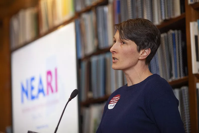 Jen Saarinen, a RI Math Teacher speaks about fighting gun violence at the 2024 NEARI Lobby Day