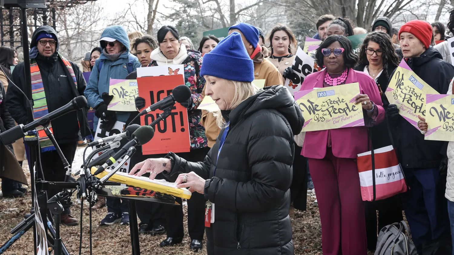 Minnesota teacher Peg Nelson speaks at a Capitol Hill press conference on Thursday, Feb. 12, 2026