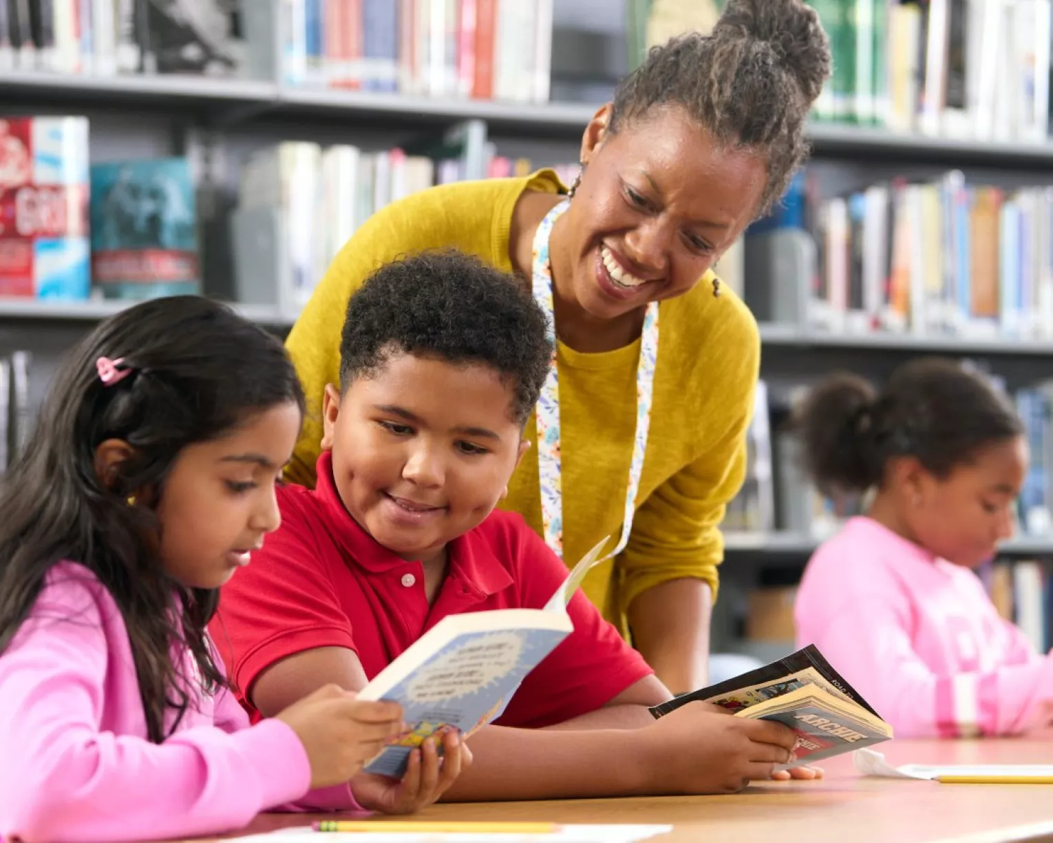 A librarian with students