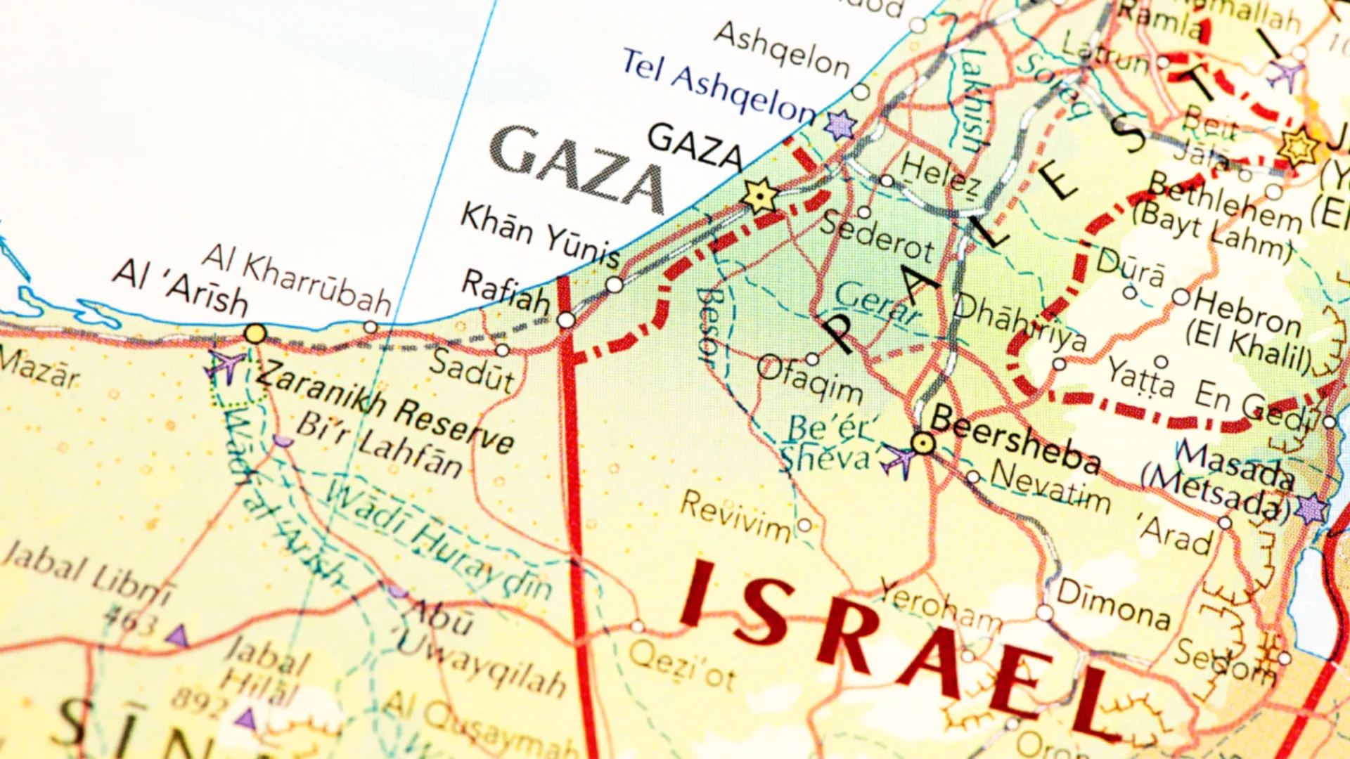 A map of Israel, Palestine, and a few other surrounding countries. Gaza is visible on the map.