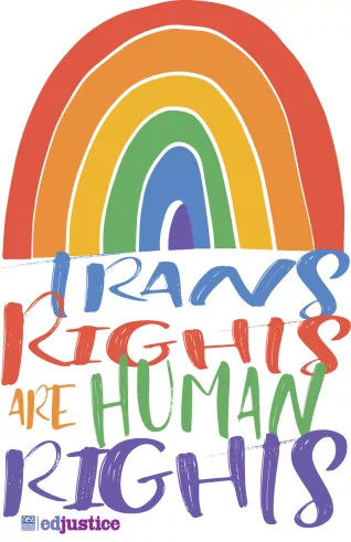 The image is a white poster with the top half of the poster including a simple rainbow drawing. Below in scrawled text it says "Trans Rights Are Human Rights" with each word a different color of the rainbow above.