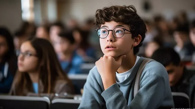 A boy in a classroom is listening intently.
