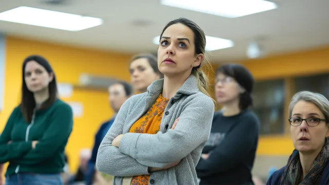 female parents stand and look concerned at school board meeting