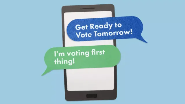 graphic of a cell phone with voting language